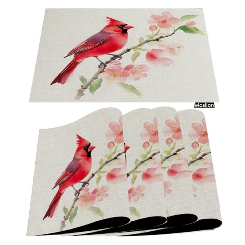 Moslion Red Bird Placemats Rustic Farm Animal Cardinal Wild Flowers Leaves Branch Cool Funny Table Placemats for Dinning Table Washable Cotton Linen 12x18 Inch, Set of 4…