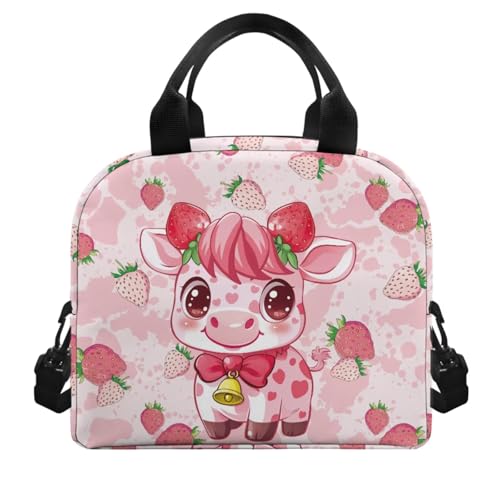 Pink Fruit Cow Backpack for School Girls 3rd Grade Boys Bookbag with Lunch Box Water Bottle Holder and Kawaii Big Pencil Case 4 PCS Sturdy Lightweight Back Packs with Compartment - color: Pink Fruit Cow