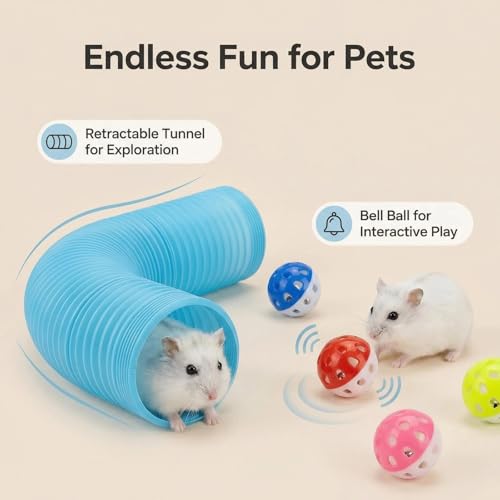 Hamster Collapsible Tunnel Tube Toys with 4 Bell Balls, Expandable Small Animal Hideout Exercise Toy 7.8inch Unextended 32.7inch Extended for Guinea Pig Gerbil Rat Ferret (Blue) - color: Blue