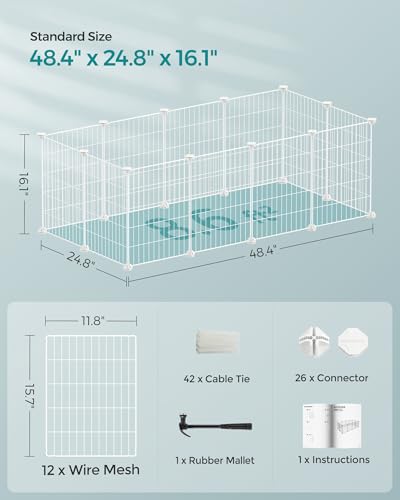 SONGMICS Pet Playpen, Small Animal Cage, Pet Fence with Cable Ties, DIY Metal Enclosure for Guinea Pigs, Hamsters, Rabbits, Hedgehogs, White ULPI001W01 - color: White, size: 48.4"L x 24.8"W x 16.1"H, style: 12 Panels