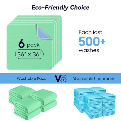 6 Pack 36” x 36” Extra Heavy Absorbency Washable Underpads Bed Pads | WaterProof Quick Drying Nursing Pads Incontinence, Reusable Washable Pee Pads for Dogs, Diaper Changing & Adults - size: 6 Pack - 36" x 36"