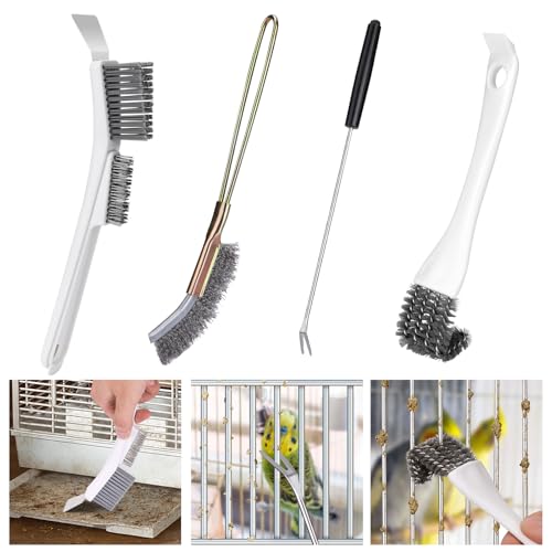 Bird Cage Cleaner Brush Kit Accessories,4 Pcs | Bird Poop Remover Cleaning Tools Set Accessories for Small,Medium,Large,Tall,Parakeet,Budgie,African Grey Parrot Birds Cage