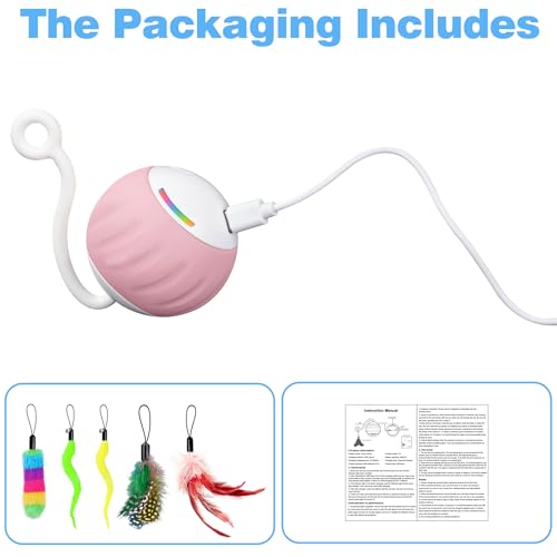 Upgraded 2.36 Inch Large Interactive Cat Toys Ball for Indoor Cats, Pink | Motion and Sound Activated, 2 Speeds, Rechargeable, 5 Replaceable Tails, Stuck-Free Motor, Gray Also Available - color: Pink