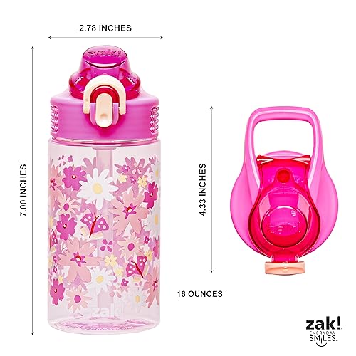 Zak Designs Flower Power Sage 16oz Leak-Proof Straw Kids Water Bottle - color: Flower Power, size: 16 Ounces