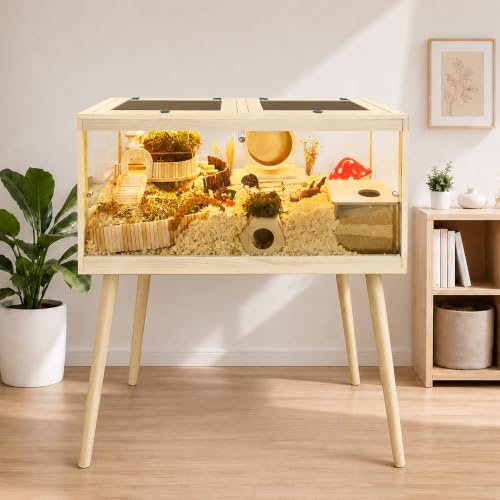 PROLEE Hamster Cage Chewproof, Mice and Rat Habitat with Transparent Sides, Hamster Cage with Openable Mesh Top, Solid Built with Lock Design and Leg Stand, 32" Long - size: 32.0"L x 16.0"W x 40.0"H