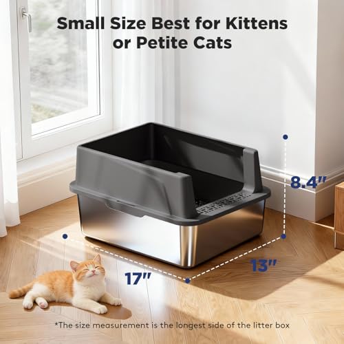 FURTIME 2 Pack Stainless Steel Cat Litter Box with Lid, Metal Kitty Litter Box for Small Cats, Kitten Litter Boxs with Non-Sticky, Anti-Leakage, Easy to Clean, 17"x13"x8.4" (Small) - color: Grey
