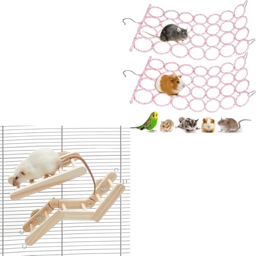 Rat Climbing Activity Bundle - 2pc Hemp Rope Net & Adjustable Wooden Ladder Set - Includes Hanging Bridge and Multi-Level Platforms for Rats Mice Parrots Small Pets Cage Accessories