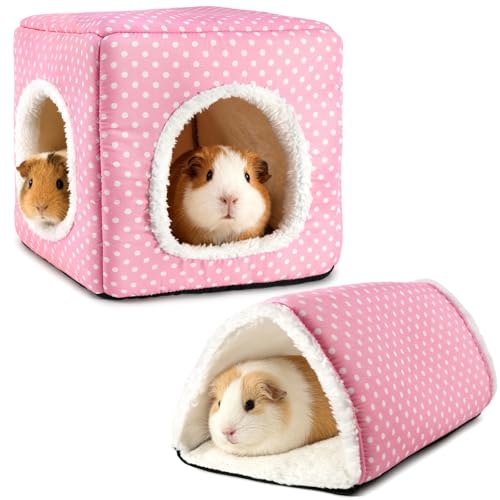 Guinea Pig Hideout, Dwarf Rabbit Bed with Play Tunnel, Washable Fleece House for Dwarf Bunnies, Chinchillas, Hedgehogs, Small Animal Cage Accessories Pink Dot - color: Pink