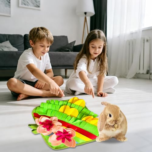 Rabbit Snuffle Mat, Interactive Foraging Pad for Small Pets, Anti-Slip Felt Feeding Mat for Bunny, Hamster, Guinea Pig, Ferret, Machine Washable Boredom Relief Toy (Floral)