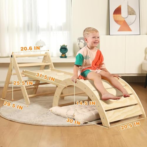 Pikler Triangle Set with Cushion, 7 in 1 Toddler Climbing Toys Indoor | Foldable Space-saving Design, Montessori-inspired Learning, Reversible Slide & Ramp, ASTM F963 Standards for Toddlers 18M-5Y - color: Nature Wood