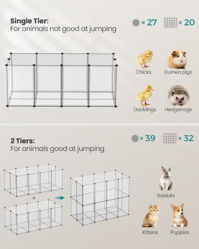SONGMICS Pet Playpen with Floor, Small Animal Pen, Pet Fence Indoor, DIY Plastic Enclosure for Hamsters, Hedgehogs, 57.1 x 28.3 x 22.4 Inches, White ULPC007W01 - color: White, style: 20 Panels - 57.1"L x 28.3"W x 22.4"H