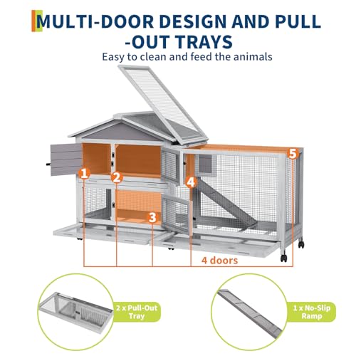 Garvee Wooden Rabbit Hutch, Bunny Cage with Wheels, Rabbit Cage with Chew-Proof Ramp and Pull Out Tray, Small Rabbir House for Guinea Pigs, Rabbit, Indoor Outdoor Use