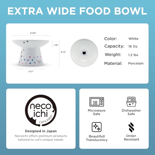 Necoichi Ceramic Raised Cat Food Bowl (Colorful Dots, Large Extra Wide) - color: Colorful Dots, size: Large Extra Wide