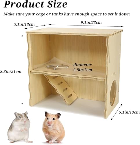 Double-Decker Hamster Hides, Wooden Hamster Hut, Syrian Hamsters Hideout with Acrylic Panel for Clear Observation, Detachable Gerbil Mouse House with Installation Instruction