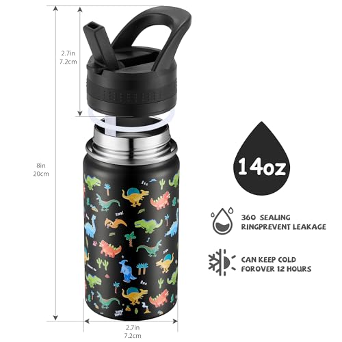 14 Oz Kids Water Bottle, Stainless Steel Water Bottle with Straws, Leak-Proof, BPA-Free, Insulated Water Bottles for School Boys & Girls|Black Dinosaur - color: Black cartoon dinosaur
