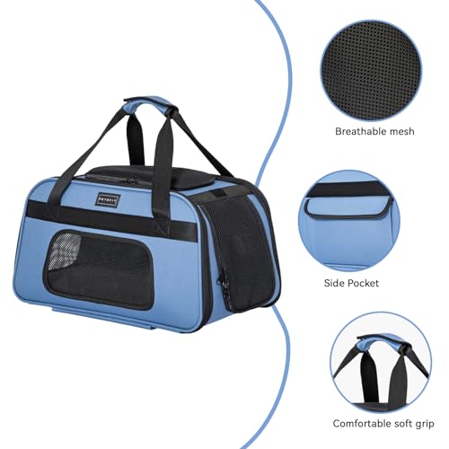 Petsfit Cat Carrier with Wheels, Removable Spinner Wheels, Up to 13 lb | Fits pets up to 15 L x 8 H in and 13 lb; removable spinner wheels, anti-sag frame, 4-sided mesh, safety tether and locks. - color: Blue, size: 20.1"L x 12.2"W x 14.2"H