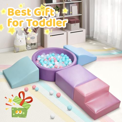 Hoohtoot Foam Climbing Blocks for Toddler: with 4-Piece PU Leather Climbing Toys and a Ball Pit - Foam Ball Pit for Toddlers - Climbing Toys Indoor for Kids Crawling (Purple Climbing Blocks) - style: Purple Climbing Blocks