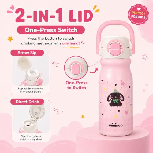 Mininoo 18oz Insulated Stainless Steel Kids Water Bottle for School, Bunny | 2-in-1 Straw & Spout Lid, Leak-Proof, BPA-Free, for Girls & Boys, Pink - color: 18oz Light Pink-Bunny