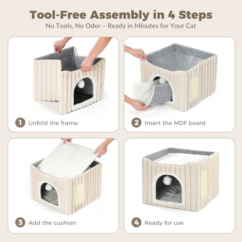 Avont 3-in-1 Cat Cave Bed for Indoor Cats with Scratch Pad | Scratch Pad & Hanging Ball, Large Hideaway for up to 20 LBS, Washable Cushion, Foldable Design, Available in Grey & Cream - color: Cream