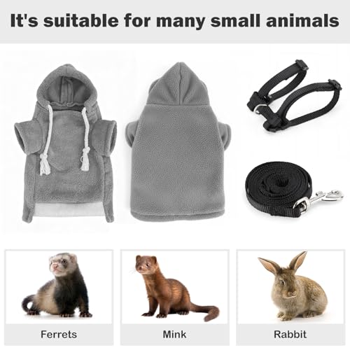 Small Pet Harness Vest and Leash Set Ferret Clothes Hoodies for Ferrets for Outdoor Walking Rabbit Ferret Guinea Pig Bunny Hamster Puppy Kitten (Gray Clothes + Leash) - color: Gray clothes + leash