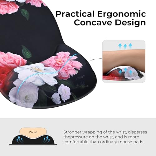 EooCoo Mouse Pad with Gel Wrist Rest, Ergonomic Mousepad Wrist Alignment | Middle Concave Design for Natural Wrist Alignment, Non-Slip Base Mousepad, Carpal Tunnel Relief, Office Desk Accessories - color: Black Flower
