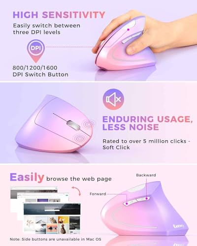 Lekvey Ergonomic Mouse, Vertical Wireless Mouse, Rechargeable, Pink Purple | Long Battery Life, USB-C Charging, Quiet Click, Carpal Tunnel Support, 2.4G Wireless, 3DPI 800/1200/1600, for Laptop, Mac, PC - color: Pink to Purple