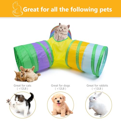 3 Way Cat Tunnel Collapsible Fun Pet Play Tube Toys for Cats, Kittens, Puppies & Rabbits - Portable Tunnel with Hanging Ball for Indoor Play, Hideout & Exercise - color: Muticolor