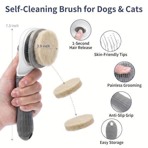 5-in-1 Dog Grooming Kit with Self Cleaning Brush & Rake, Grey | Complete Cat & Dog Hair Remover Tool Set with Self-Cleaning Slicker Brush & Dematting Rake for Home Pet Grooming Supply - color: Gray