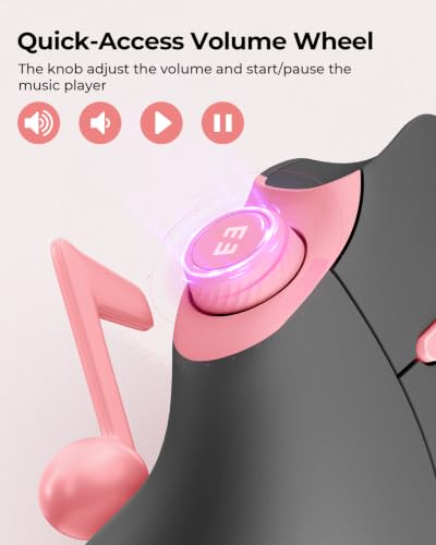 seenda MOU-302 Wireless Bluetooth Ergonomic Vertical Mouse with Volume Knob | Rechargeable 3-device mice for small/medium hands with quiet clicks, 1000/1600/2400 DPI for PC, laptop, MacBook, Black Pink - color: Black Pink