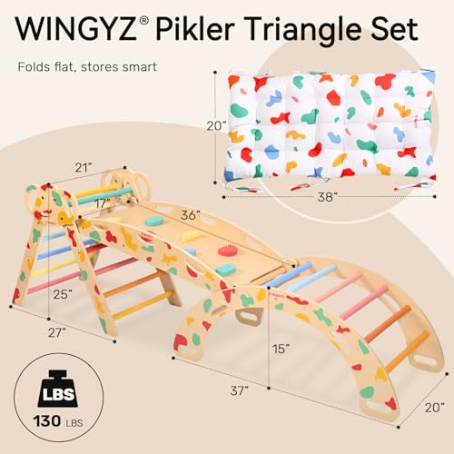 Pikler Triangle Set, Montessori 8-in-1 Climbing Set with Cushion | Wood Jungle Gym for 18M-5Y, Foldable, Reversible Animal Slide, Patent-Protected, 2.35in Gap, ASTM F963, Rainbow - color: Rainbow