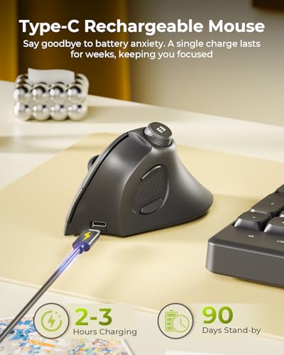 seenda MOU-302 Wireless Bluetooth Ergonomic Vertical Mouse with Volume Knob | Rechargeable 3-device mice for small/medium hands with quiet clicks, 1000/1600/2400 DPI for PC, laptop, MacBook, Black - color: Black