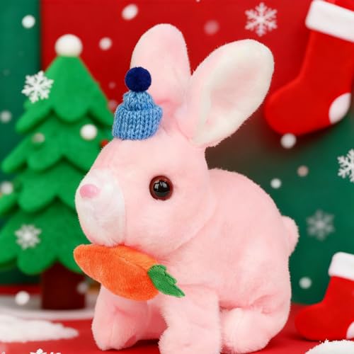 Easfan Bunny Plush Jumping Spotted Pink Rabbit with Hat Hopping Ears Nose Moving Educational Plush Toy Singing Shaking Glowing Interactive Toy Electric for Toddlers Kids - style: Bunny_Pink_Hat