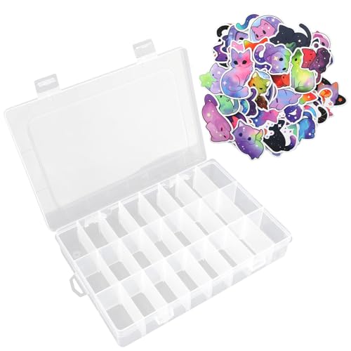 OALCQ Plastic Organizer Box, 100 PCS Cute Cat Stickers, 24 Grid Storage Container for Beads & Craft, Clear Tackle Case for Jewelry Making, Sewing, Bolts, Accessories - style: cat