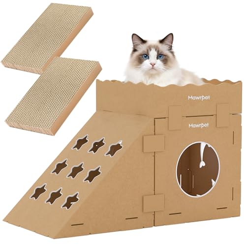 DIY Cardboard Cat House with Scratching Pad, Cat Tower Indoor Play House, Versatile Cardboard Cat Tunnel Box for One or More Pets, Indoor Use Rabbit Hideout Cave Castle Brown, 3 Parts - size: 1 Box + 1 Roof + 1 Triangular + 2 Scratchers