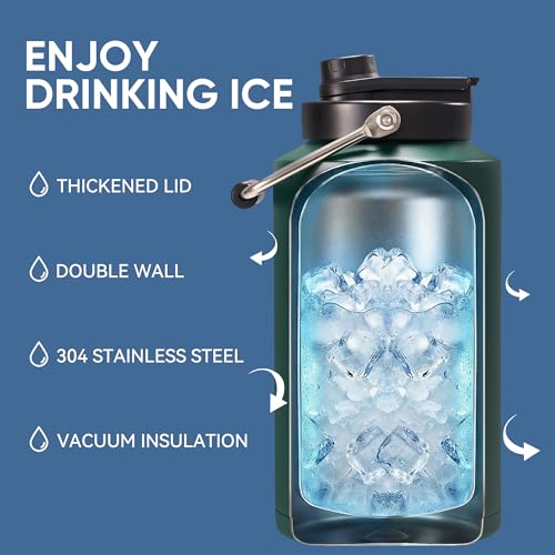 Fijinhom One Gallon Insulated Water Bottle for Travel: 2-in-1 Straw and Spout Lid, Keep Cold 24Hrs, Leakproof, 128oz Water Jug With Handle, Vacuum Stainless Steel for Sports, Hiking, Trip(Green) - color: Green, size: 128 Ounces