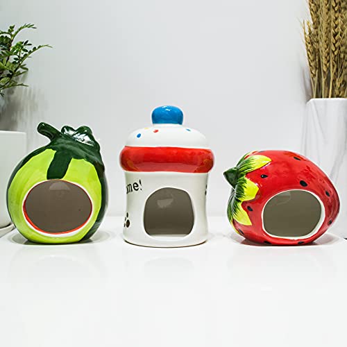 Besimple Hamster Hideout, Small Animal Hideout Ceramic Pet House, Adorable Shape Hamster House Cave Mini Hut Cage Critter Bath House for Chinchilla(Strawberry)