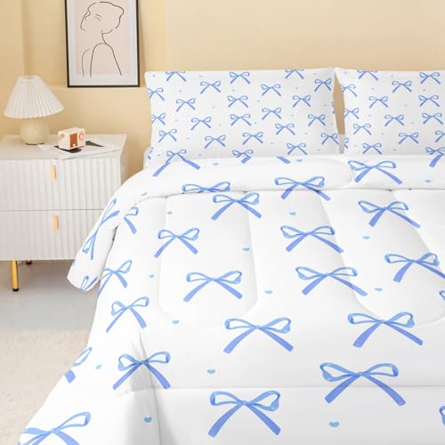 QOOMO 3Pcs Bow Comforter Set Twin,Bowknot Bedding Set for Kids | 3Pcs Bedding Set Printed Comforter with 2 Pillowcases,Soft Microfiber,Lightweight and Comfortable,for All seasons - color: Bow 12, size: Twin