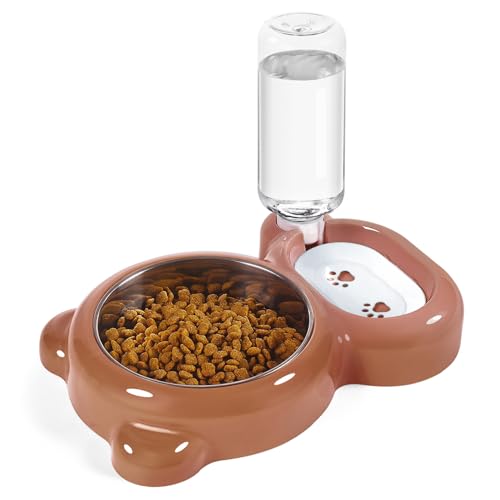 Dog Bowls, Cat Food and Water Bowl Set with Water Dispenser and Stainless Steel Bowl for Cats and Small Dogs - Brown - color: Brown
