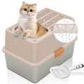 MEEXPAWS Stainless Steel Cat Litter Box Top Entry XL Large with Lid, 8'' High Side Metal Cat Litter Box for Big Cats, Top Cover with Slot, Non-Stick, Easy Clean, Include Litter Scoop - color: Brown