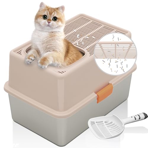MEEXPAWS Stainless Steel Cat Litter Box Top Entry XL Large with Lid, 8'' High Side Metal Cat Litter Box for Big Cats, Top Cover with Slot, Non-Stick, Easy Clean, Include Litter Scoop - color: Brown