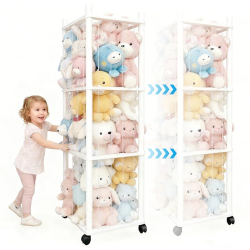 Stuffed Animal Zoo Storage with Lockable Wheels, White | Sturdy Solid Wood Toy Organizer, Large Capacity Plush Toy Cage, Space-Saving for Toddler/Playrooms/Bedrooms - color: White