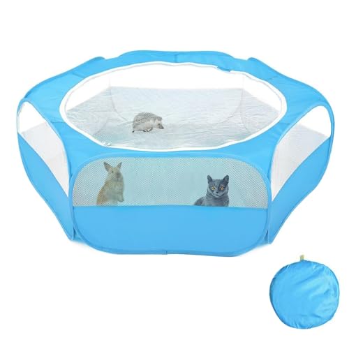 Small Animals Playpen with Top Zippered Cover Pet Yard Fence, Blue | High-Strength Steel & Breathable Mesh, Portable Indoor Outdoor Hexagonal Foldable Pet Tent for Chinchillas, Guinea Pig - color: Blue