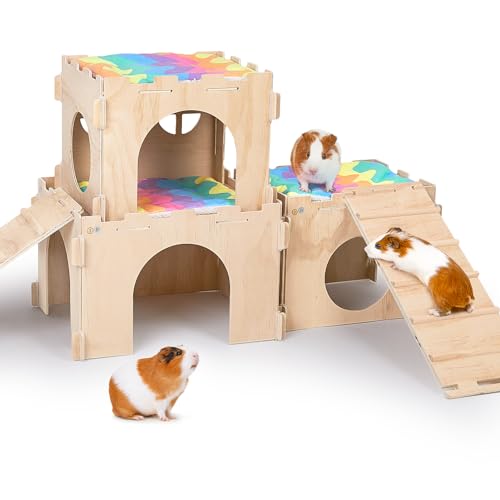 Unicorn Catcher 3 Pack Wooden Guinea Pig Hideout House with Stairs & Mats | Wooden Bunny Castle Hideout With Stairs And Soft Mats Perfect For Ferrets Chinchillas And Small Animals In Cages - size: 3 Houses