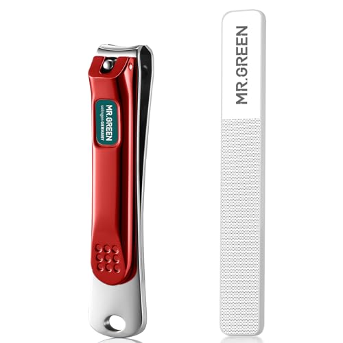 MR.GREEN Nail Clippers Curved Blades Fingernail Cutter Nippers Manicure Scissors Stainless Steel Pedicure Tools with Nail Flies (Medium-Red+Glass File) - color: Medium-red+glass File
