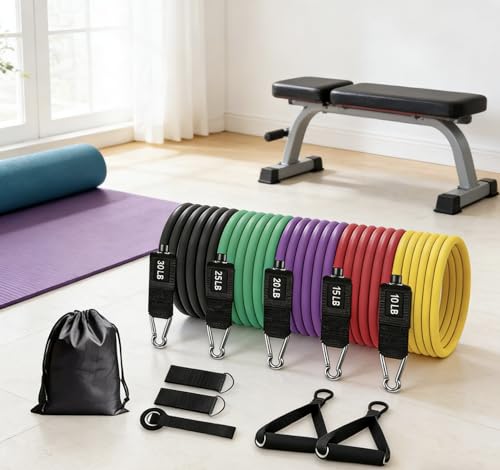 5Pcs Resistance Bands, Ankle Straps, Door Anchor, Handles, Travel Bag – Comfortable Elbow Support with Non-Slip Handles (Rainbow Resistance Bands)