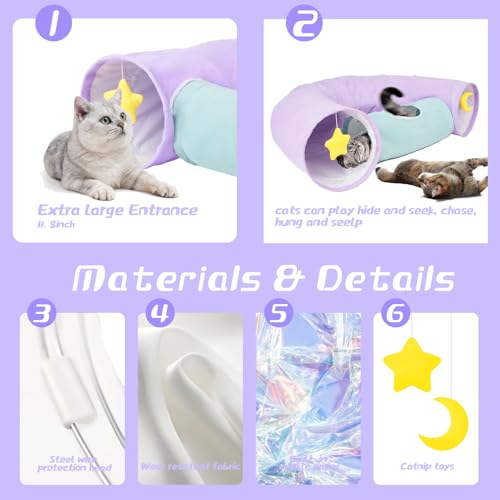 Cat Tunnel, Large Indoor Durable Collapsible Interactive Cat Tube with Peek-A-Boo Hole, Hanging Toys, and Crinkly Paper Lining - Cute Tunnel for Cats, Kittens, Puppies & Rabbits, Purple - color: PurpleBlue