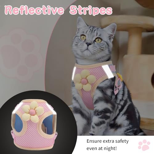 Cat Harness and Leash Set, Escape Proof Soft Vest Walk Pink XS | Adjustable, Easy Wear, Breathable Comfy Mesh, Reflective Strips, Sturdy Clip Buckle Flower Harness for Cats Kitty Puppy Bunny - color: Sakura pink, size: Extra Small