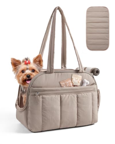 BAGSMART Dog Purse Carrier for Small Dogs Up to 13lbs Puppy Travel Tote Bag | Quilted Puffy Soft Sided Pet Handbag with Pockets, Collapsible Lightweight Portable Carrying with Safety Tether & Mat, Brown - color: Latte Brown
