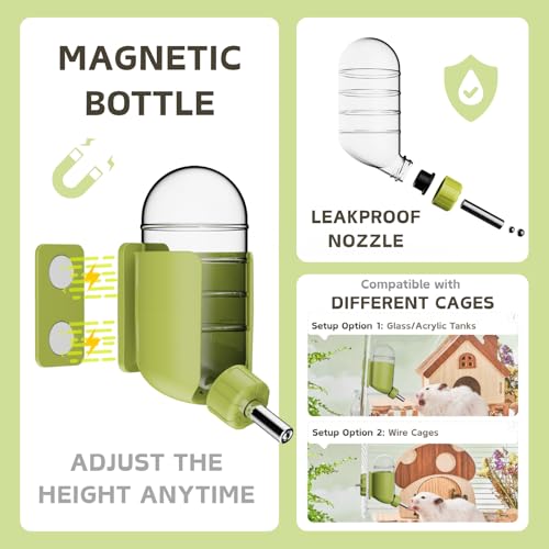 Magnetic Hamsters Feeding Set Freestanding Water Bottle Food Bowl for Glass Tanks, Suitable for Syrian Dwarf Hamsters Gerbils Mice Rats Degus (Green, Magnetic-Mounted) - color: Green