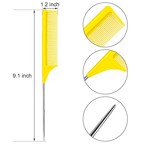 Leinuosen 3 Pack Rat Tail Comb Carbon Fiber,Yellow | Steel Pin Tail for Sectioning, Heat Resistant Teasing, Pick Comb for Women Wig Styling, Fishtail Design for Salon Updos - color: Yellow